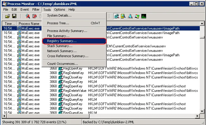 Process Monitor: Zusammenfassung der Registry-Schreibvorgänge nach Prozess sortiert