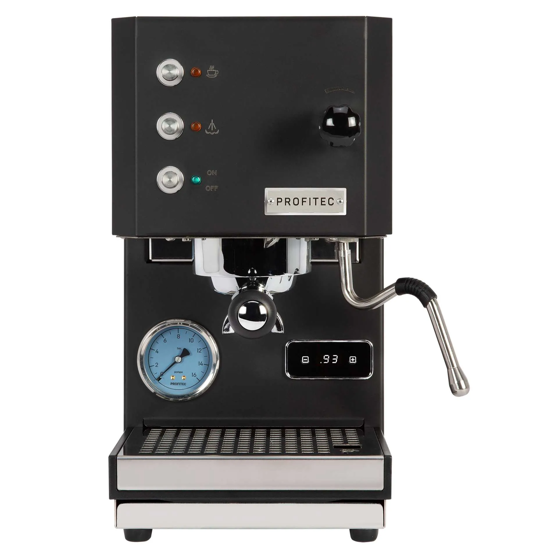 Profitec GO Pro 100 Schwarz Frontansicht eingeschalten