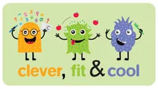 Projektlogo Clever,fit & Cool 3 gezeichnete Monster in gelb, grün und blau rechnen, jonglieren und putzen die Zähne