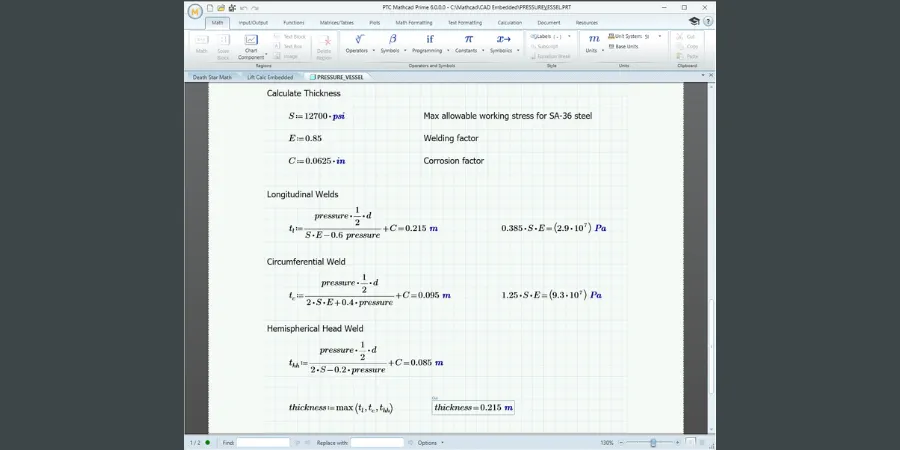 PTC Mathcad Arbeitsblatt zur Berechnung von Werten in Creo Parametric.