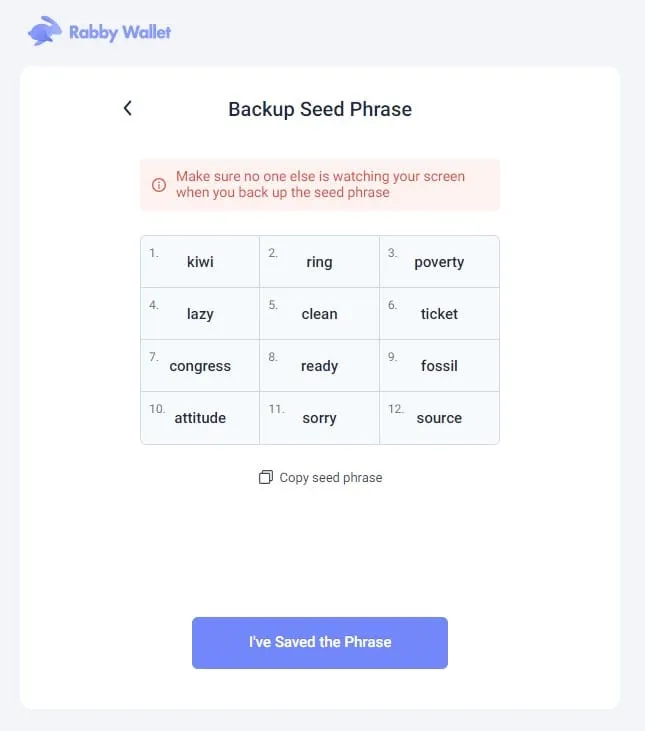 Rabby Wallet: Backup Seed Phrase