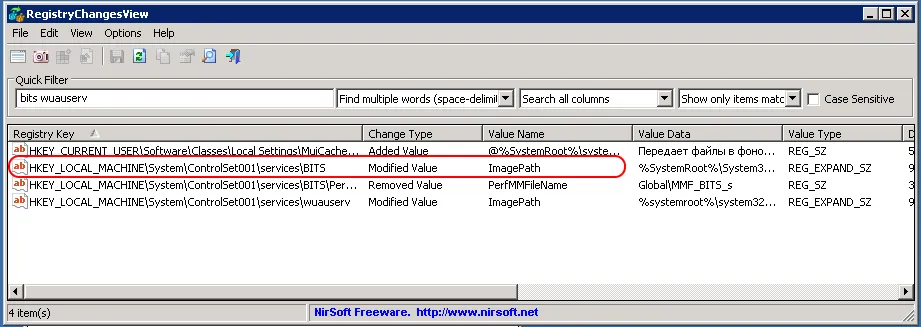 RegistryChangesView: Detaillierte Ansicht einer geänderten Registrierungseinstellung für den BITS-Dienst
