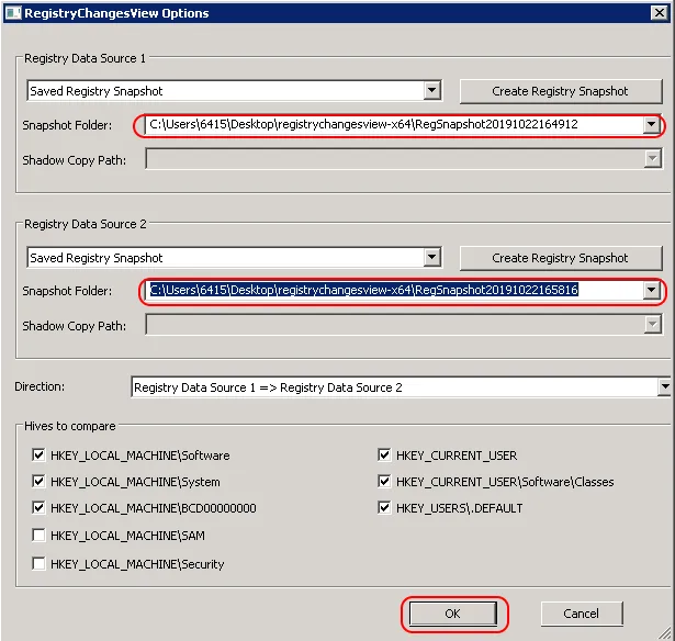 RegistryChangesView: Vergleich von zwei Snapshots mit hervorgehobenen Änderungen