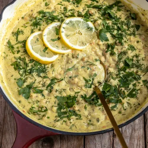 Rezeptkarte für Zitronen-Kichererbsen-Pfanne mit Zutaten und Zubereitung