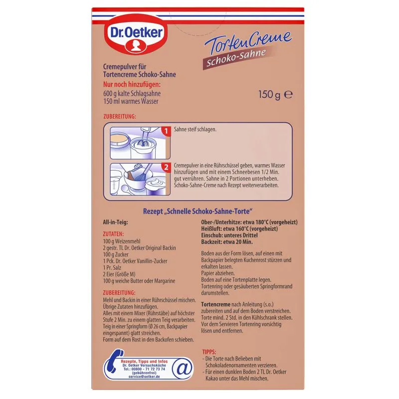 Rückseite der Schoko-Sahne Tortencreme Packung