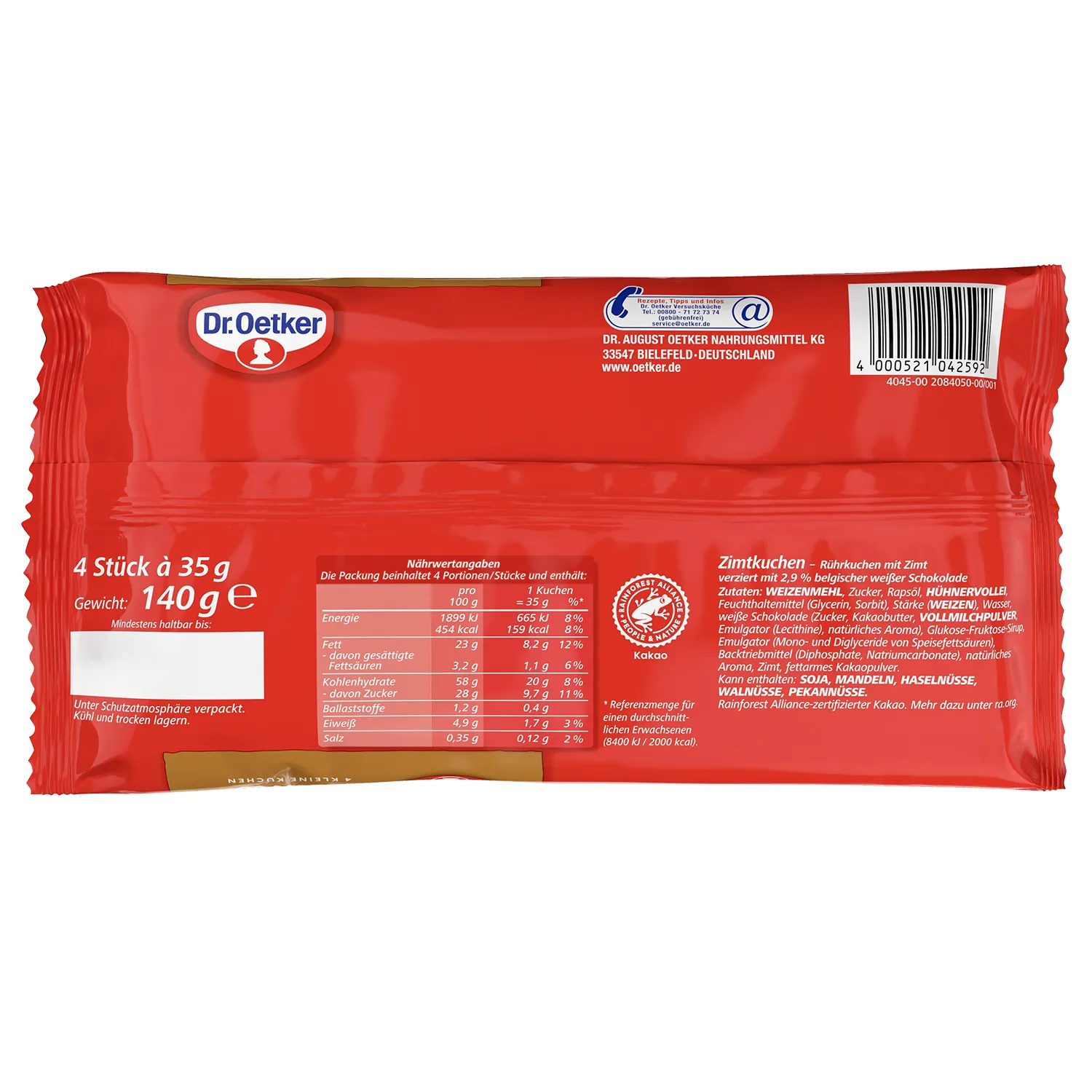 Rückseite der Verpackung der fertigen kleinen Zimtkuchen mit Nährwertangaben