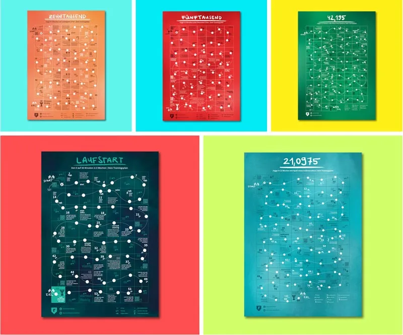 Sammlung von fünf Laufpostern für verschiedene Trainingsziele