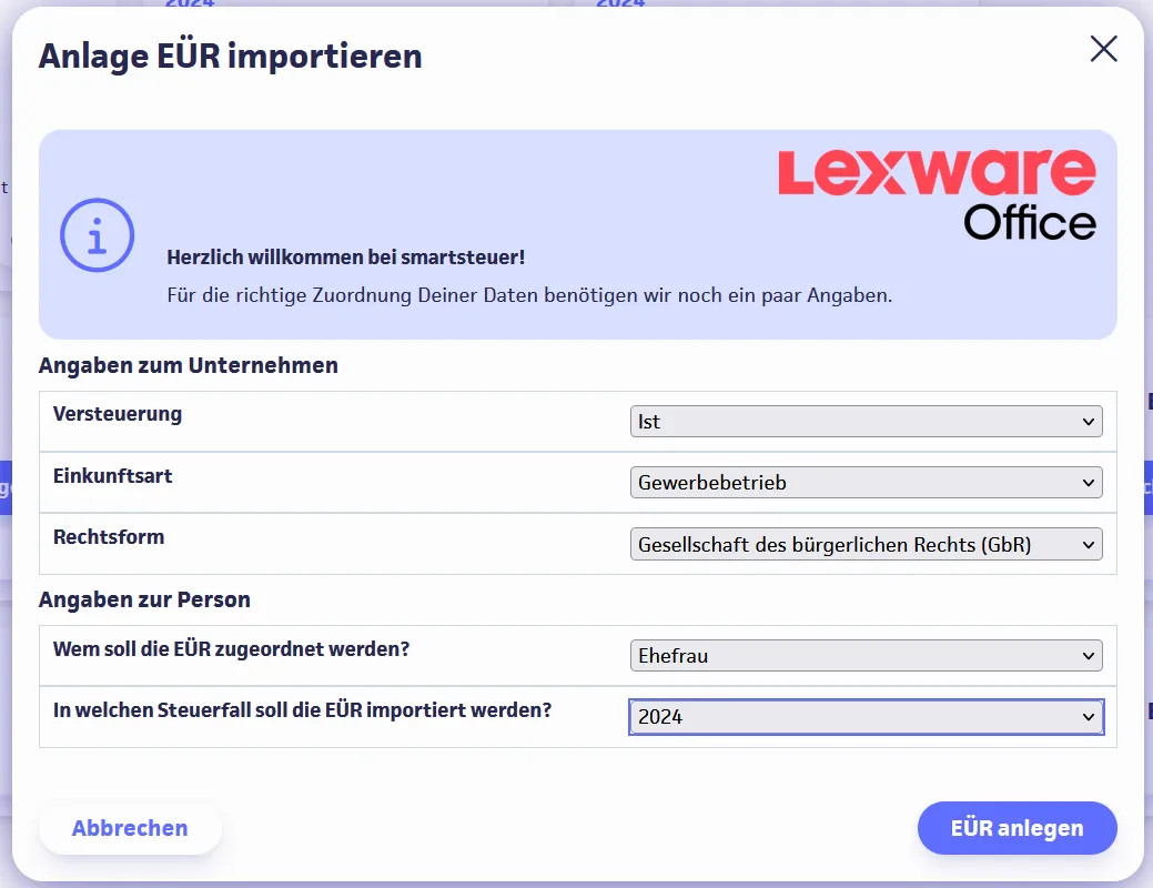 Screenshot Anlage EÜR importieren