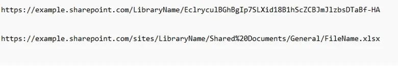 Screenshot: Beispiele für bereinigte SharePoint- und OneDrive-URLs