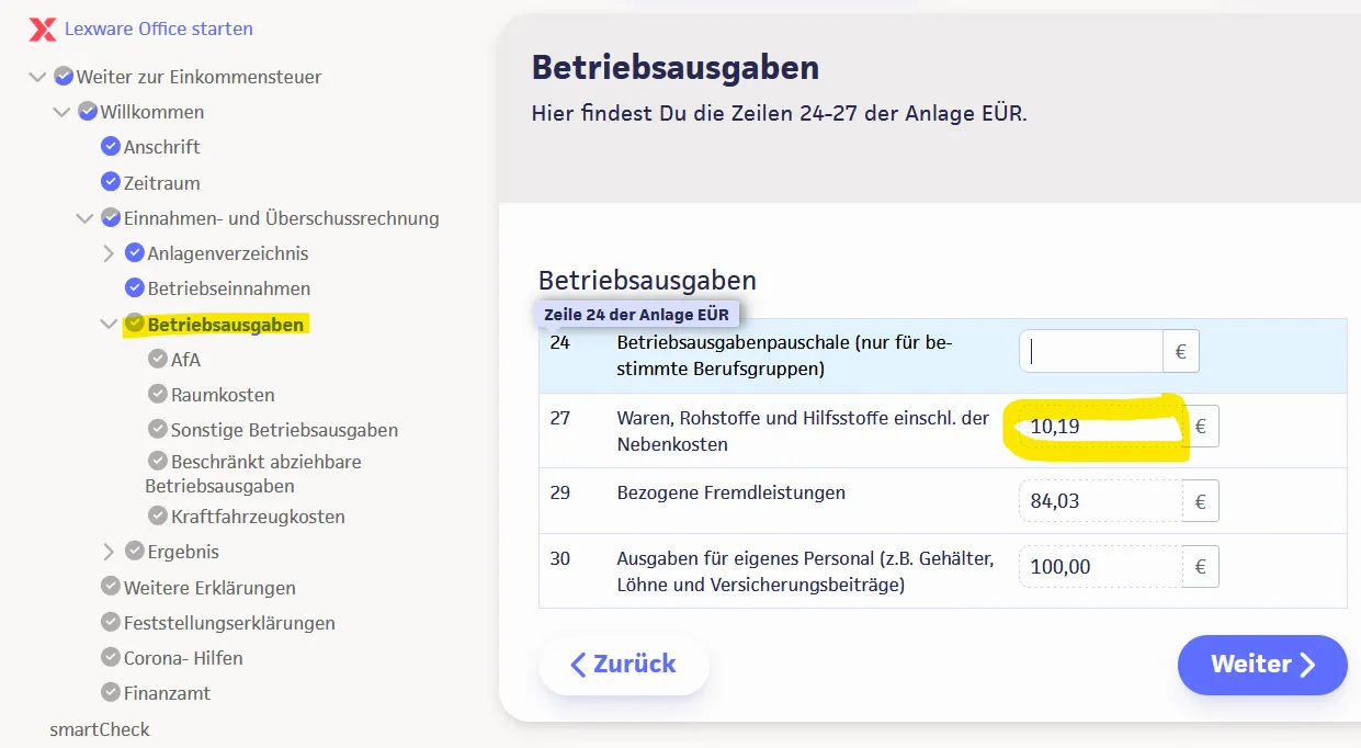 Screenshot Betriebsausgaben