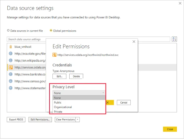 Screenshot: Datenschutzebenen-Einstellungen in Power BI