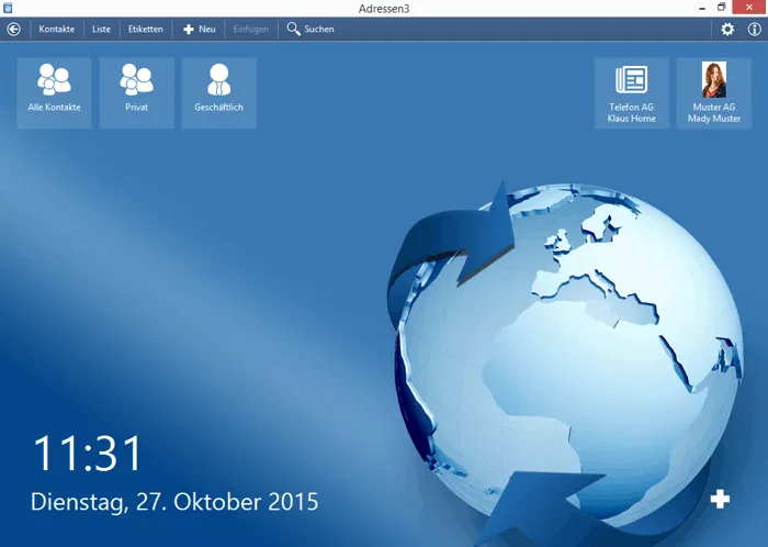 Screenshot der Adressverwaltung Home-Ansicht in Blau