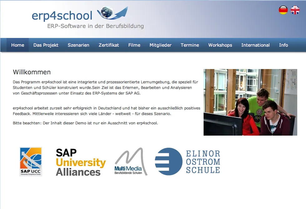 Screenshot der erp4school Website, die die vielfältigen Lerninhalte visualisiert