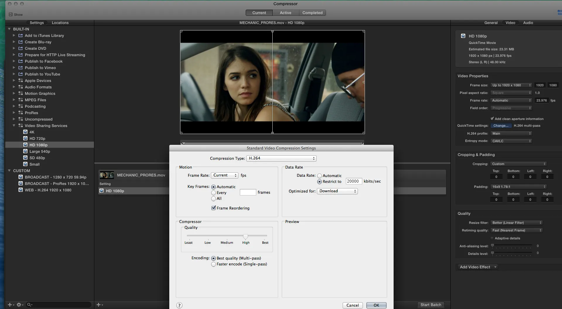 Screenshot der Kompressionseinstellungen in Apple Compressor