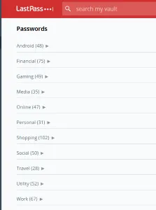 "Screenshot der LastPass Passwortliste nach der Organisation in Kategorien"