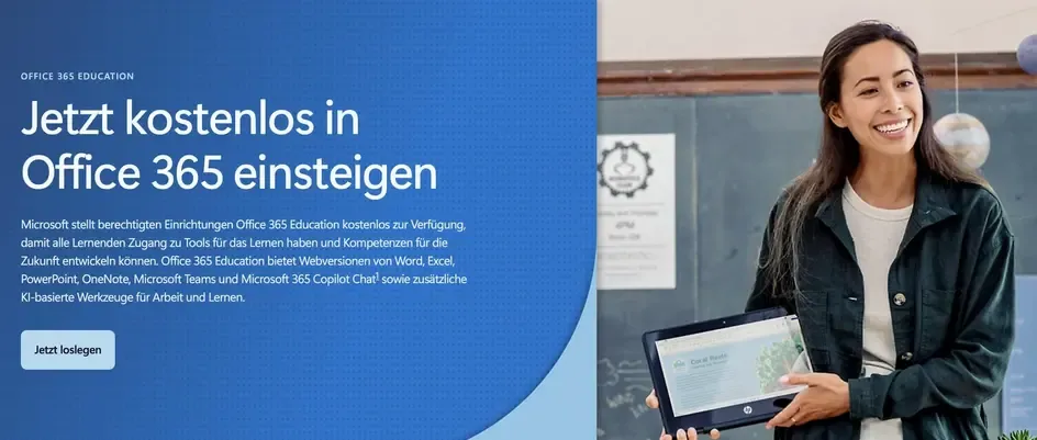 Screenshot der Microsoft 365 Education Angebotsseite