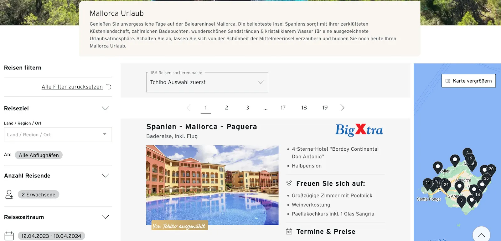 Screenshot der Reisesuche bei Tchibo Reisen, mit Fokus auf Mallorca