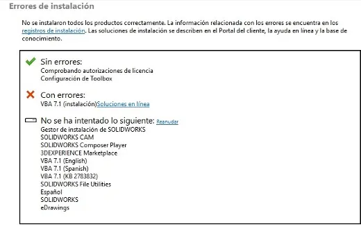Screenshot der SOLIDWORKS Installationsfehlerzusammenfassung