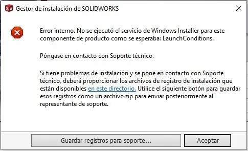 Screenshot des Fehlers "Interner Fehler. Der Windows Installer Dienst wurde für diese Produktkomponente nicht wie erwartet ausgeführt: Launch Conditions."
