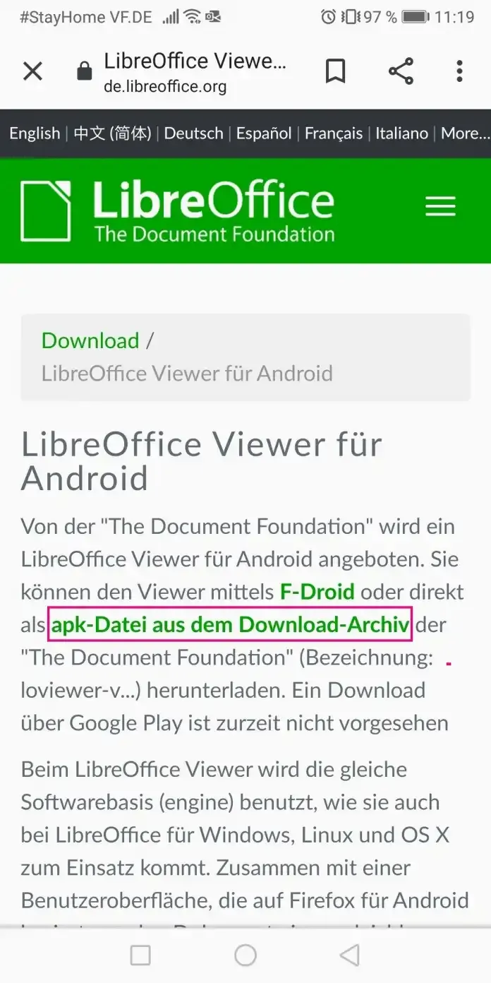 Screenshot des LibreOffice Viewer Download-Bereichs auf der offiziellen Webseite