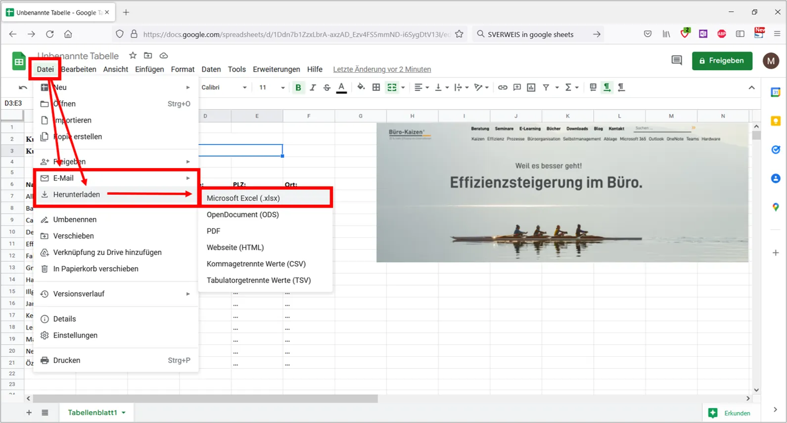 Screenshot: Eine Google Sheets-Tabelle wird als Excel-Datei heruntergeladen