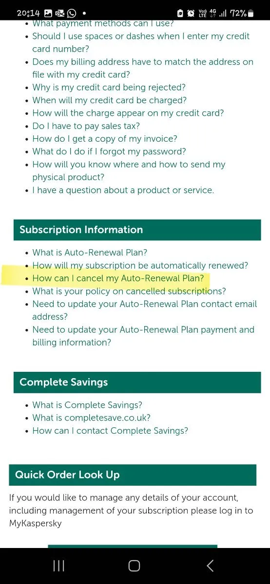 Screenshot einer Webseite, die eine Schaltfläche zum Abbrechen der automatischen Verlängerung hervorhebt