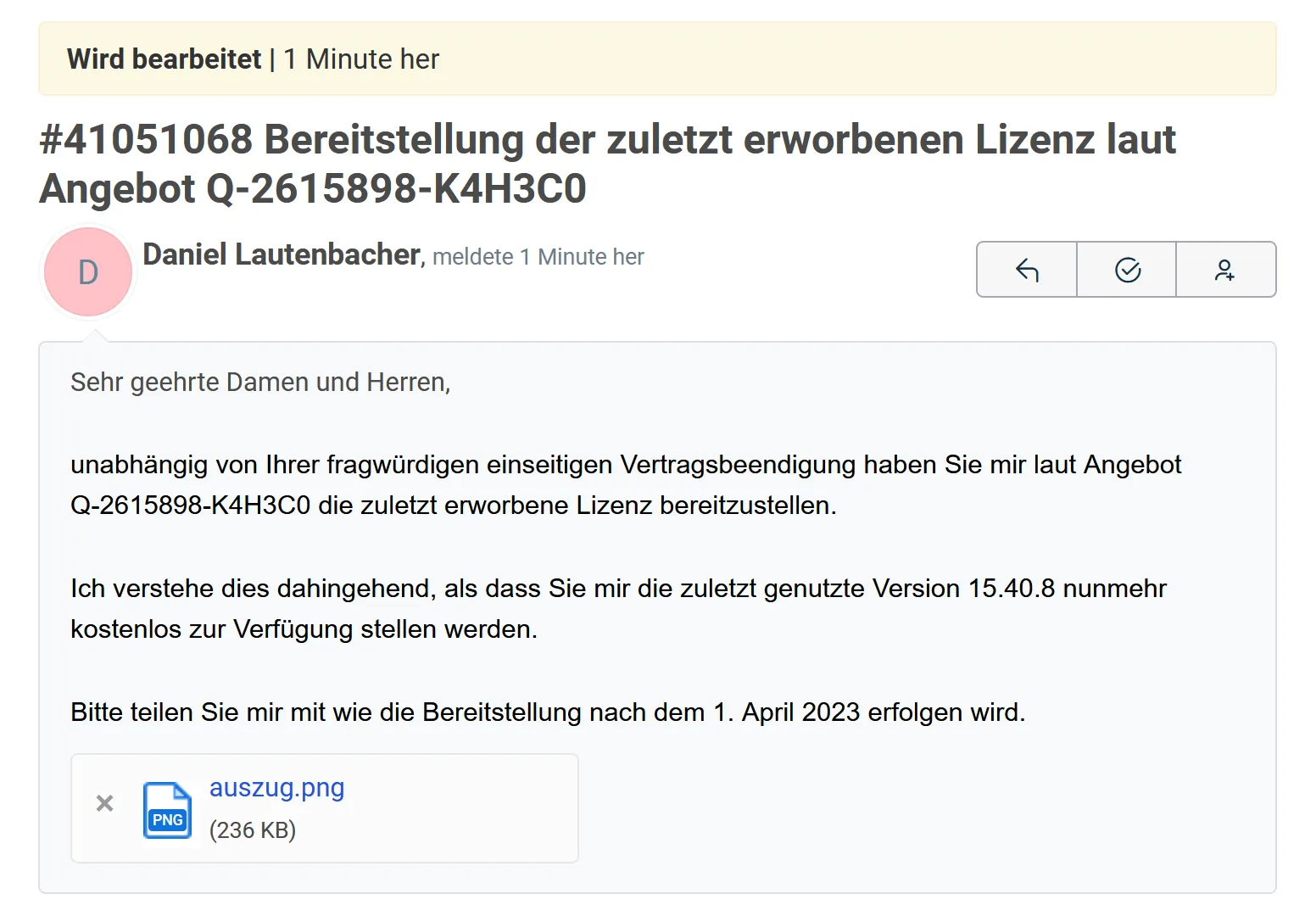 Screenshot eines neu eröffneten Tickets bei TeamViewer