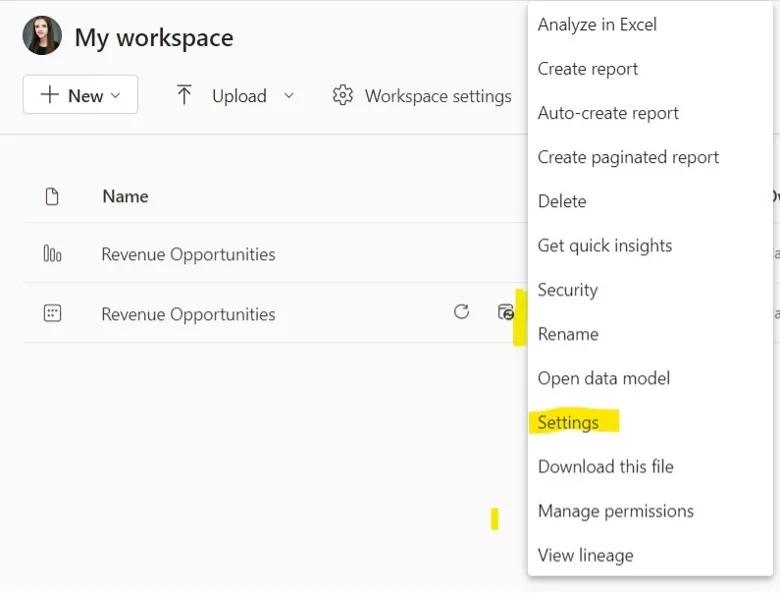 Screenshot: Einstellungen für Datasets im Power BI Service