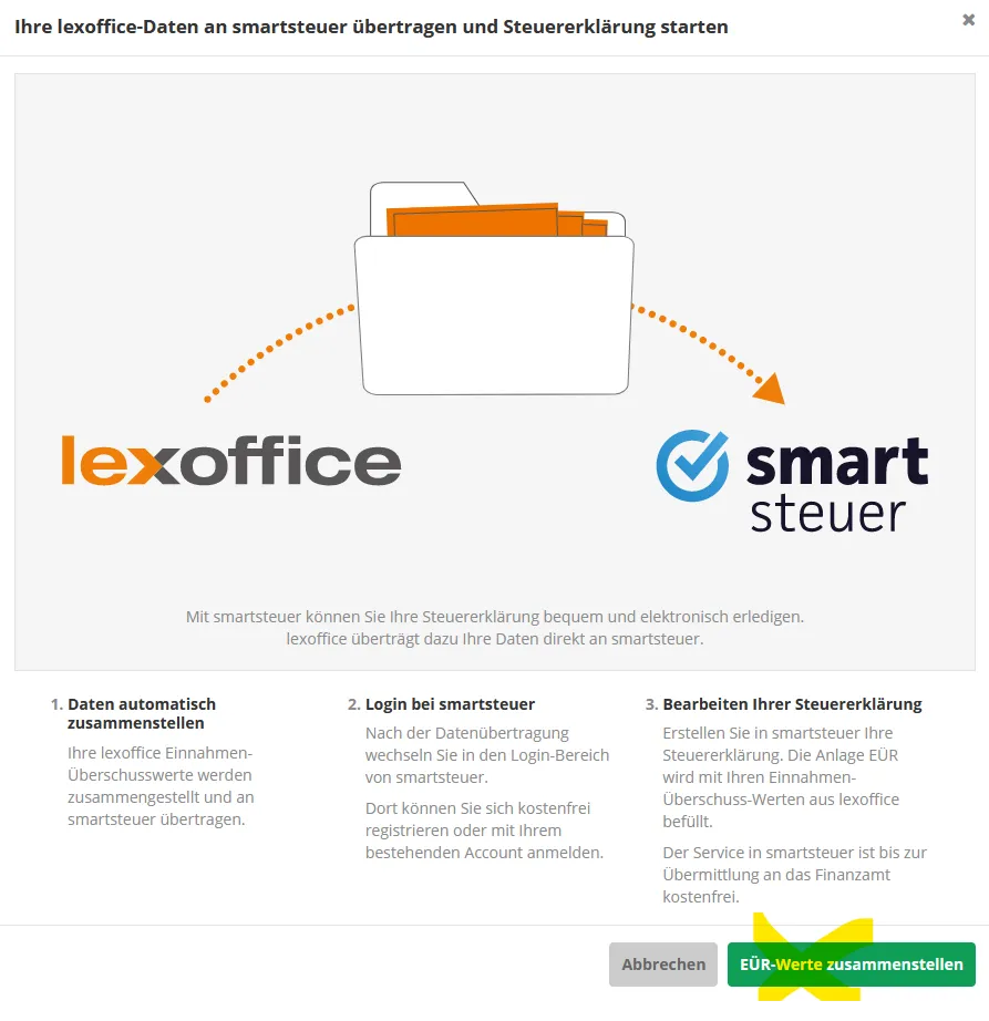 Screenshot EÜR-Werte zusammenstellen