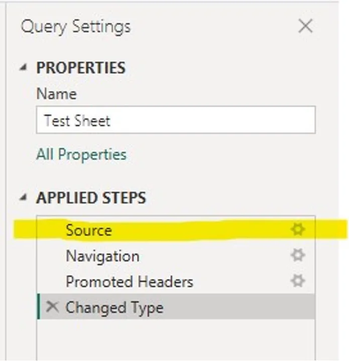 Screenshot: Quelle-Schritt im Power Query Editor