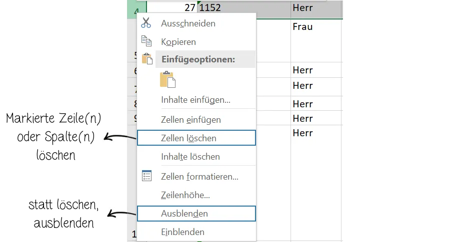 Screenshot von Excel: Optionen zum Löschen oder Ausblenden von Zeilen und Spalten