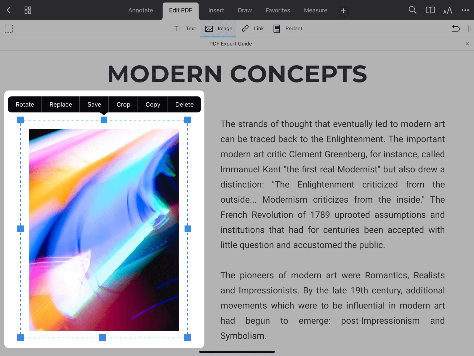 Screenshot von PDF Expert, der Optionen zum Bearbeiten eines eingefügten Bildes zeigt