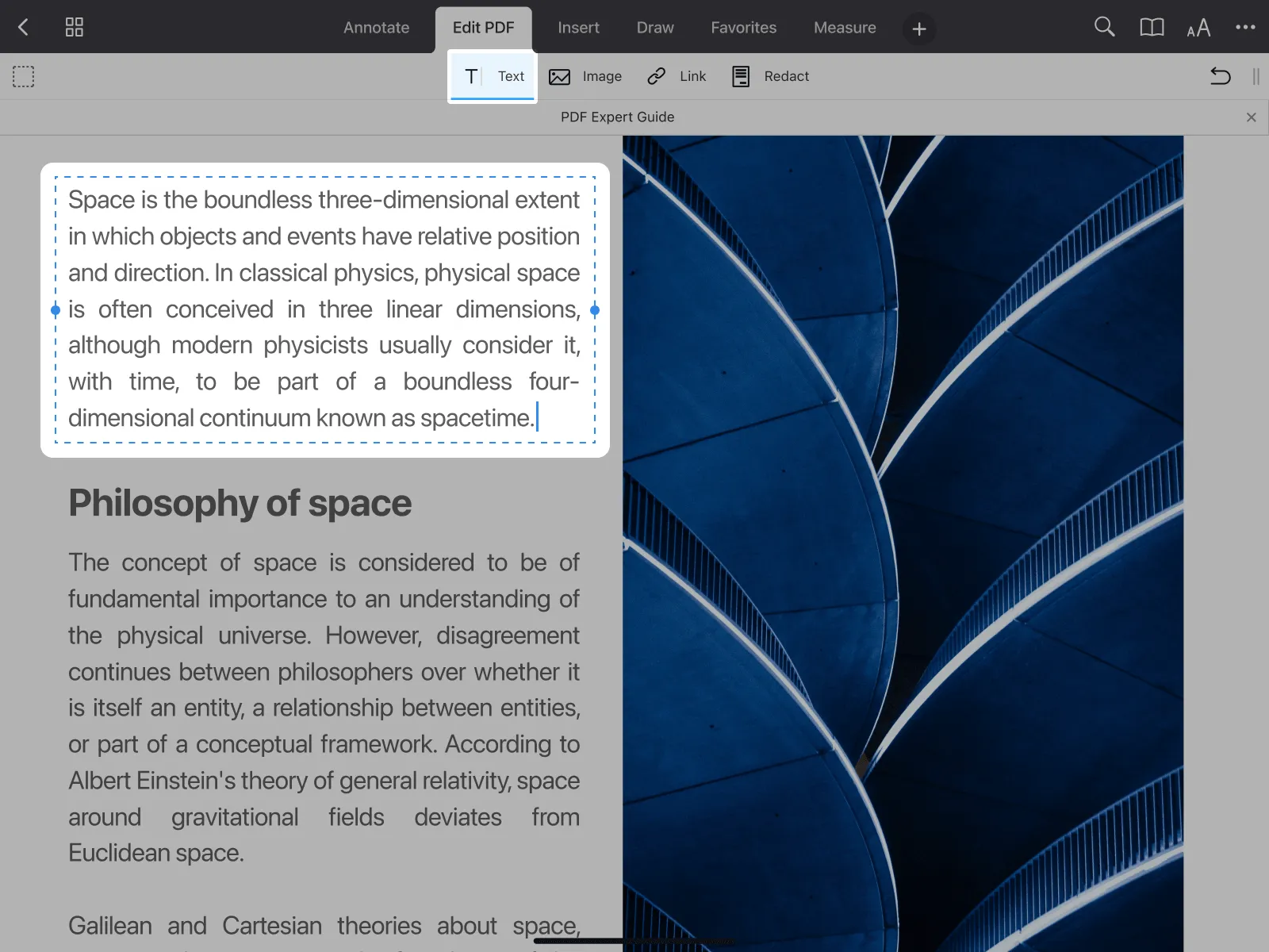 Screenshot von PDF Expert, der zeigt, wie man den Textbearbeitungsmodus auswählt