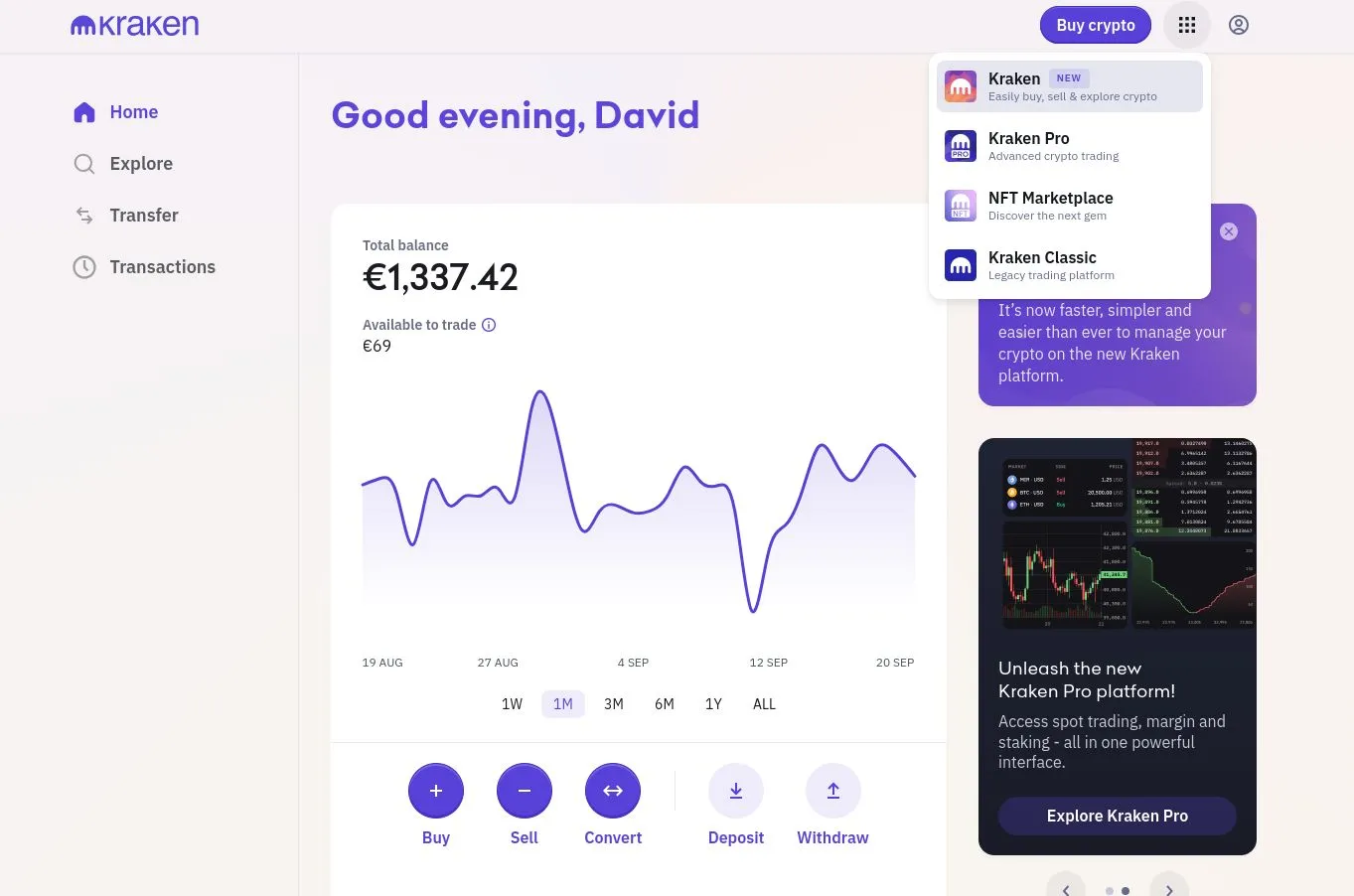 Sehr einfache Benutzeroberfläche von Kraken nach dem Redesign: Mit dem Menü oben rechts gelangt man u.a. zur Trading-Plattform Kraken Pro