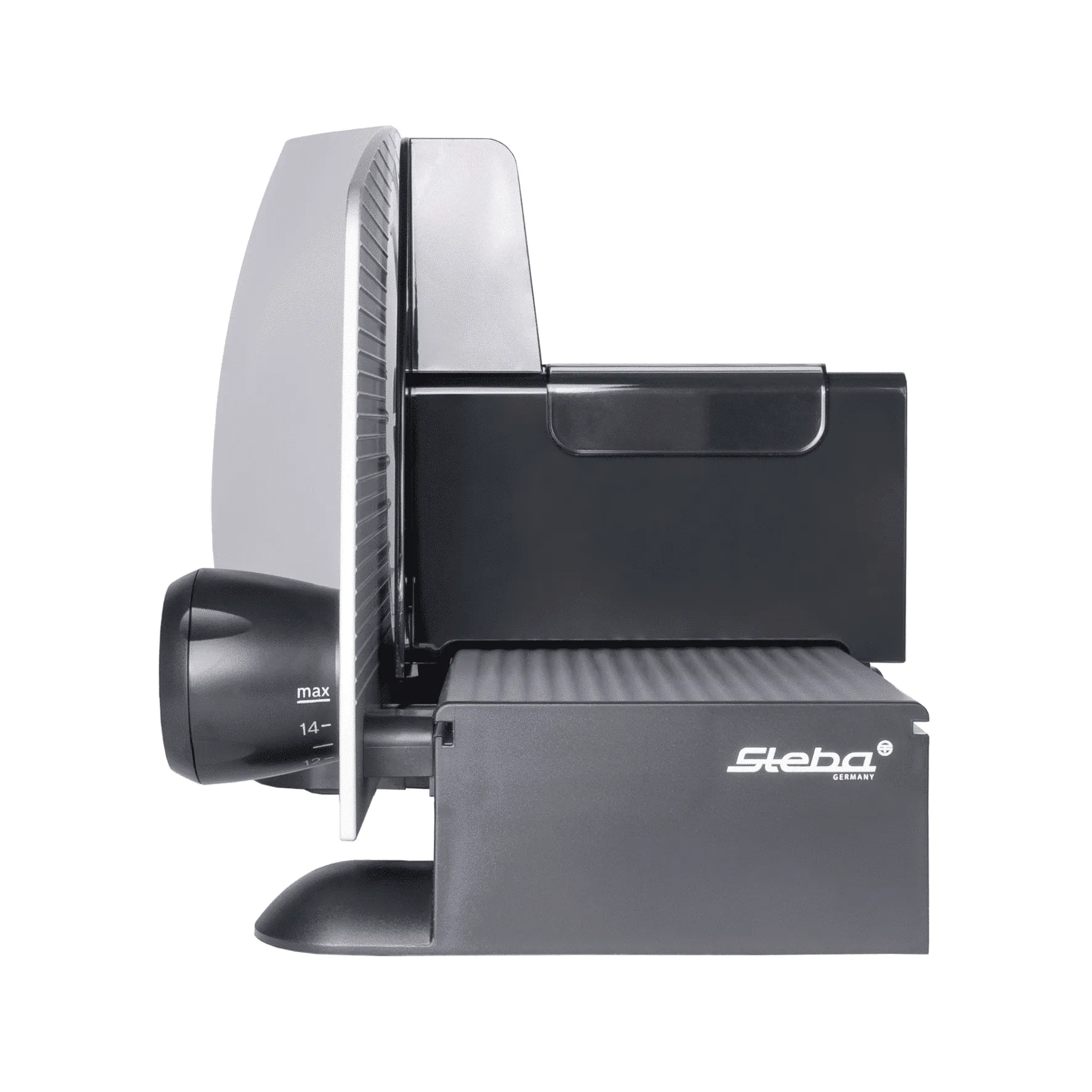 Seitenansicht des Steba AS 200 Allesschneiders in Schwarz mit Schneidbrett