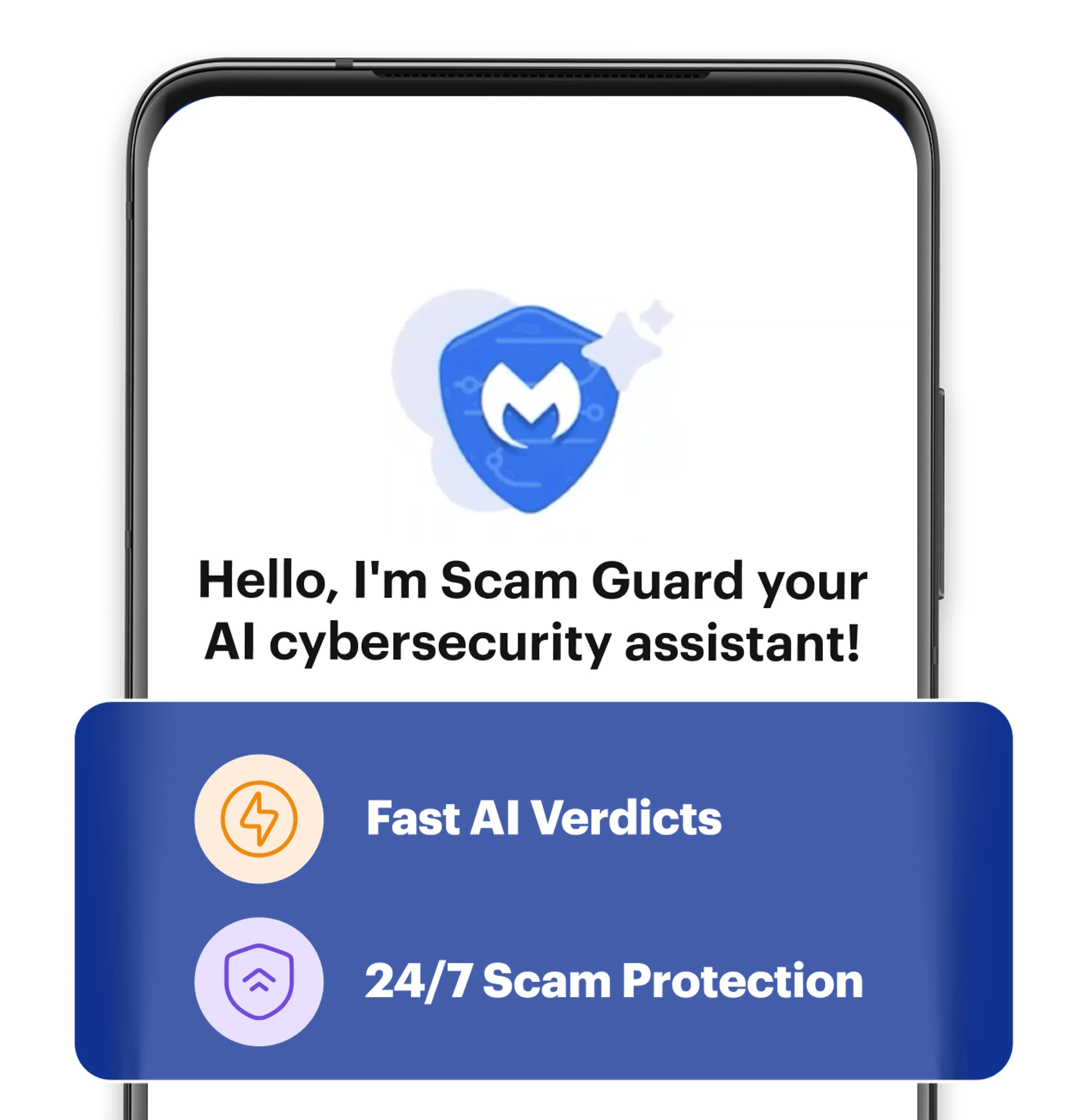 Smartphone-Bildschirm mit Malwarebytes Scam Guard und AI-Funktionen