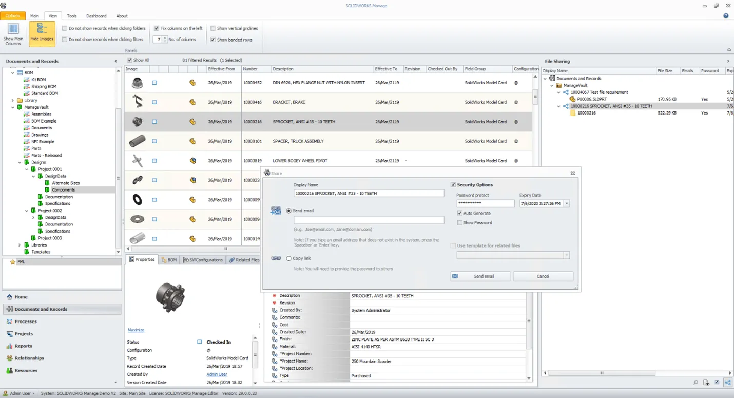 SOLIDWORKS Manage: Dialog für die einfache Freigabe von Dateien mit externen Nutzern.