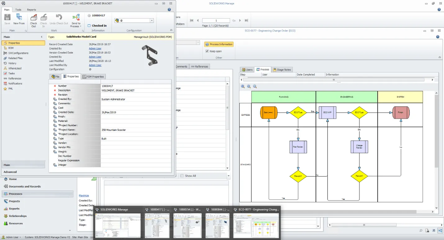 SOLIDWORKS Manage: Modusunabhängige Fenster für gleichzeitige Datenbearbeitung.
