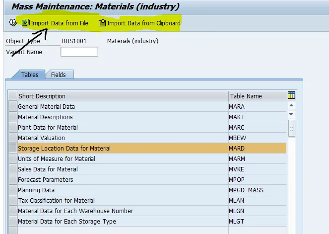 Startbildschirm der SAP MM17 Transaktion mit den neuen Import-Buttons