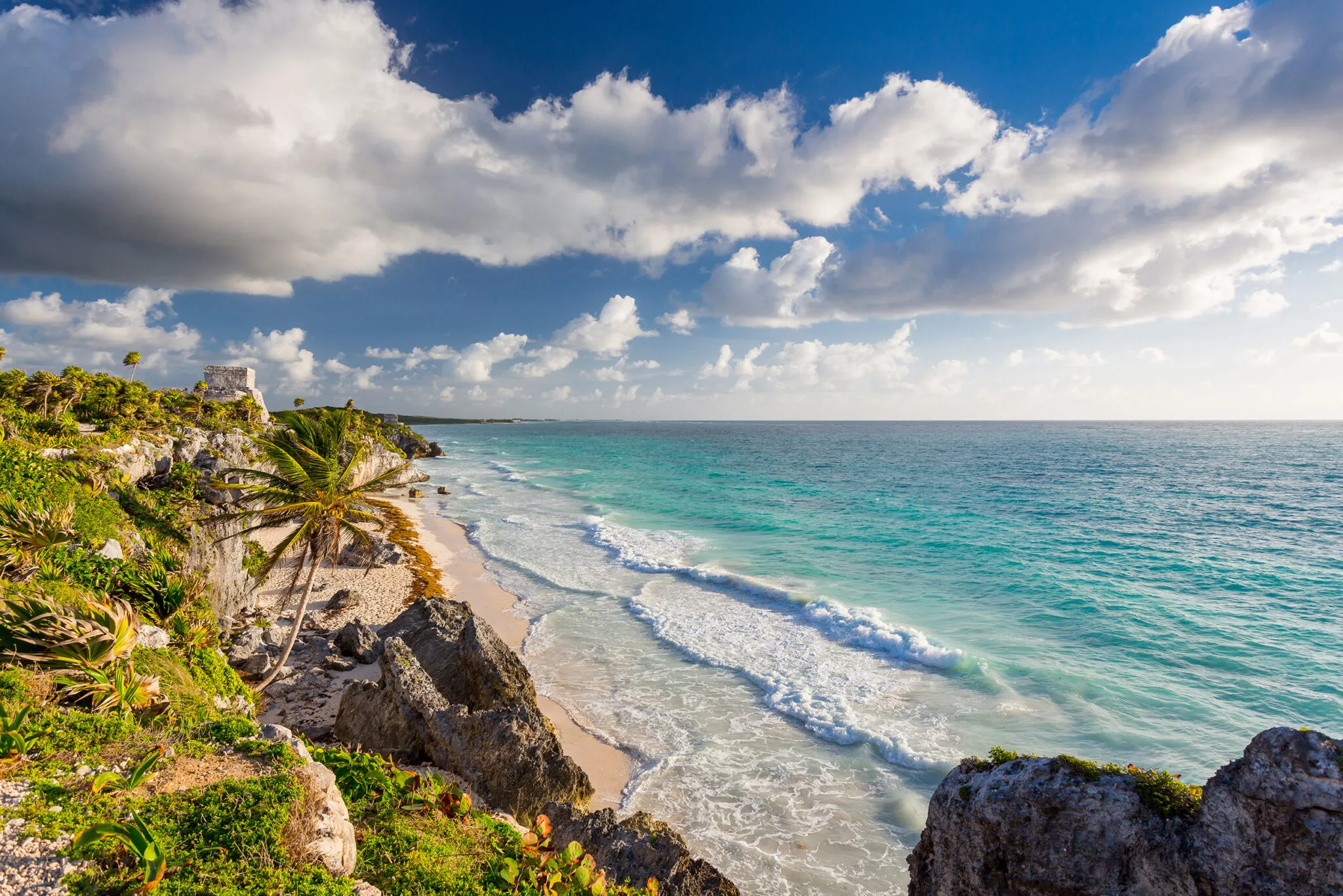 Strand mit Palmen und azurblauem Wasser