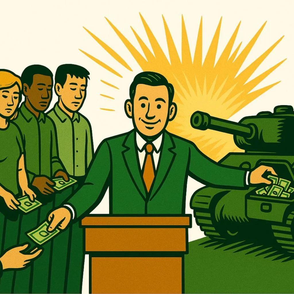 Symbolbild: Eine Spardose, aus der militärische Waffen statt Geld herausragen