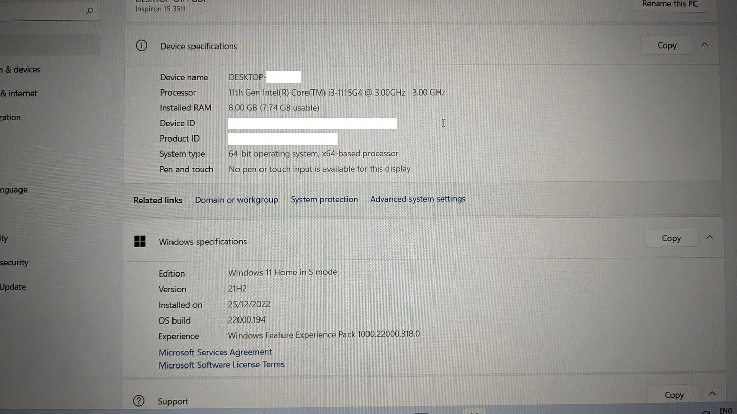Systeminformationen des Laptops mit Windows 11 S