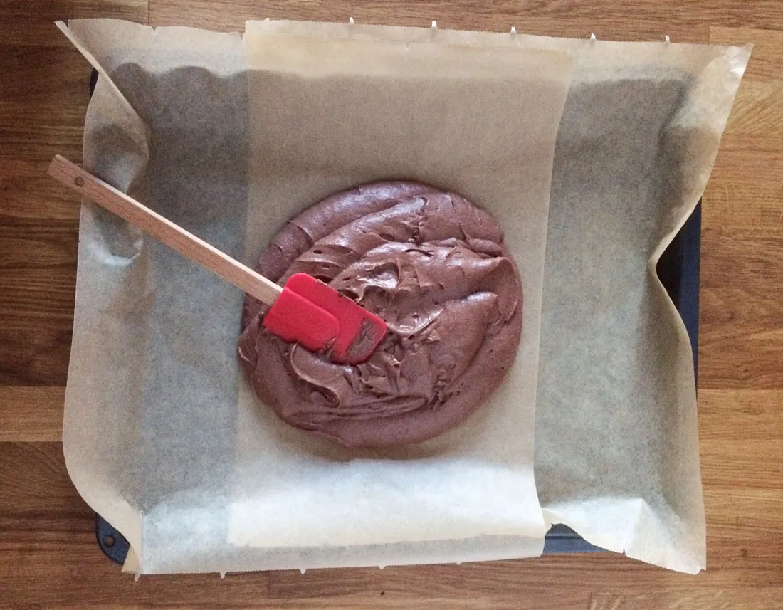 Teig auf ein mit Backpapier ausgelegtes Blech gießen