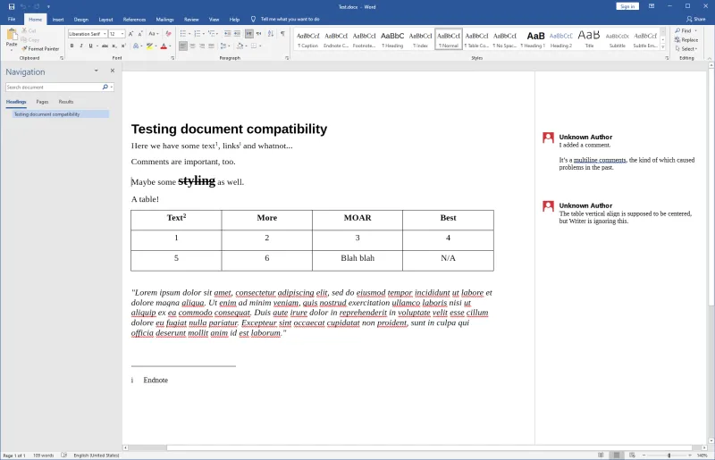 Testdokument in Microsoft Word