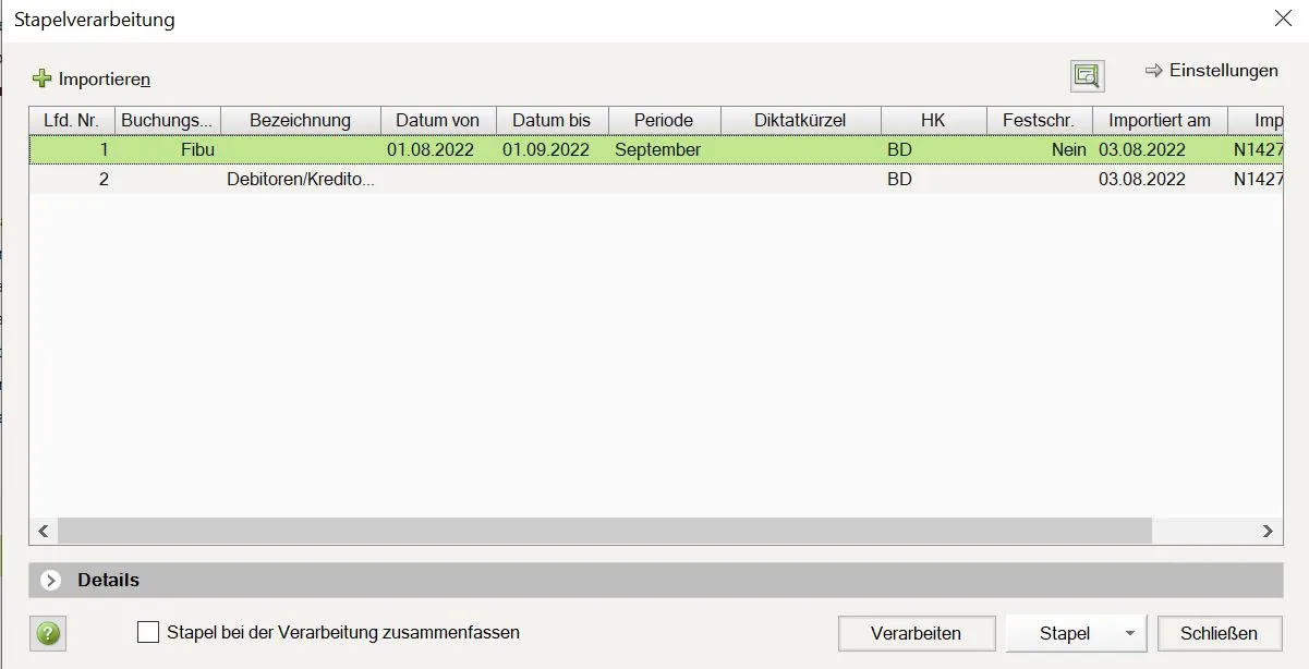 Übersicht der importierten Buchungsstapel in DATEV