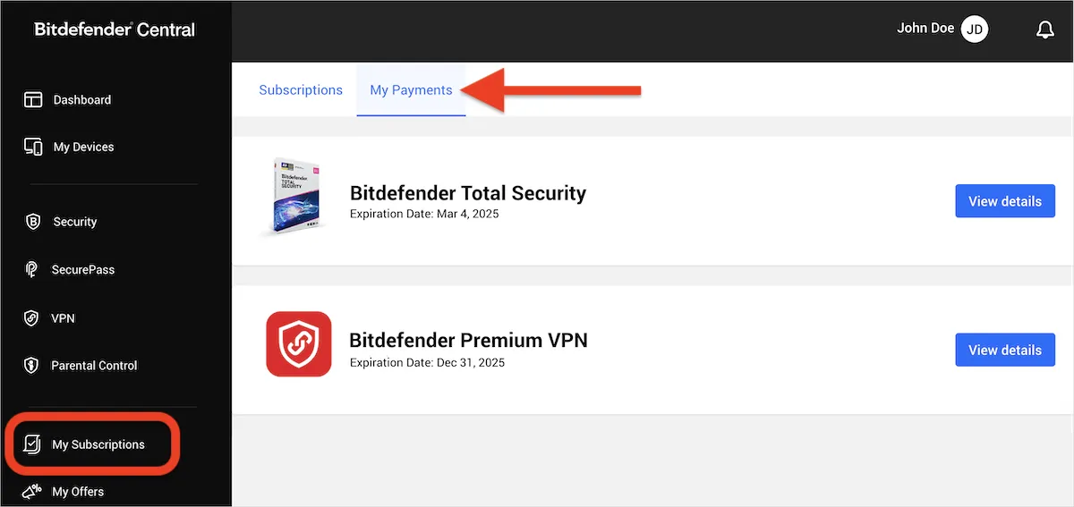 Übersicht „Meine Zahlungen“ im Bitdefender Central-Konto