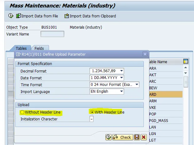 Upload-Parameter-Definition in SAP MM17 für den Datenimport