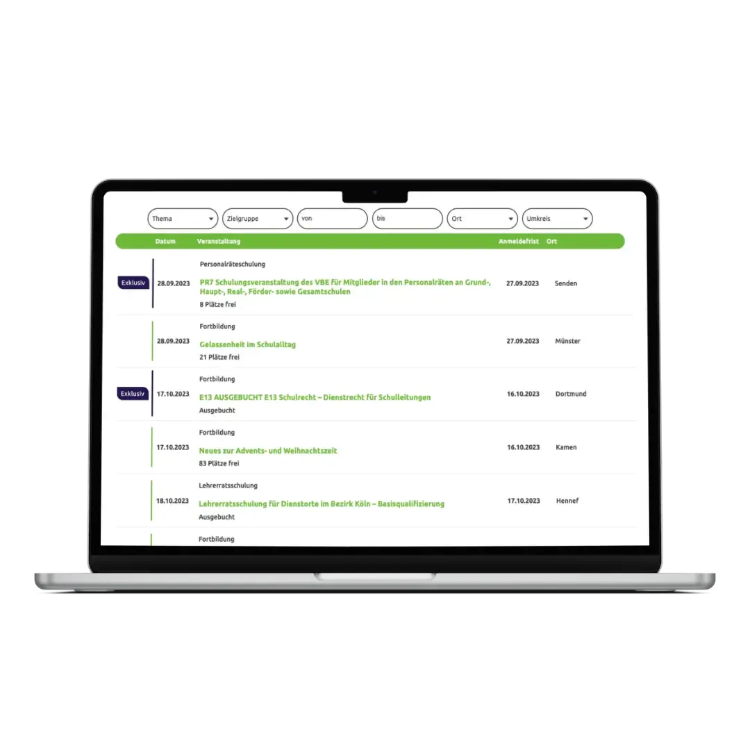 Veranstaltungskalender des VBE NRW auf einem Bildschirm-Mockup