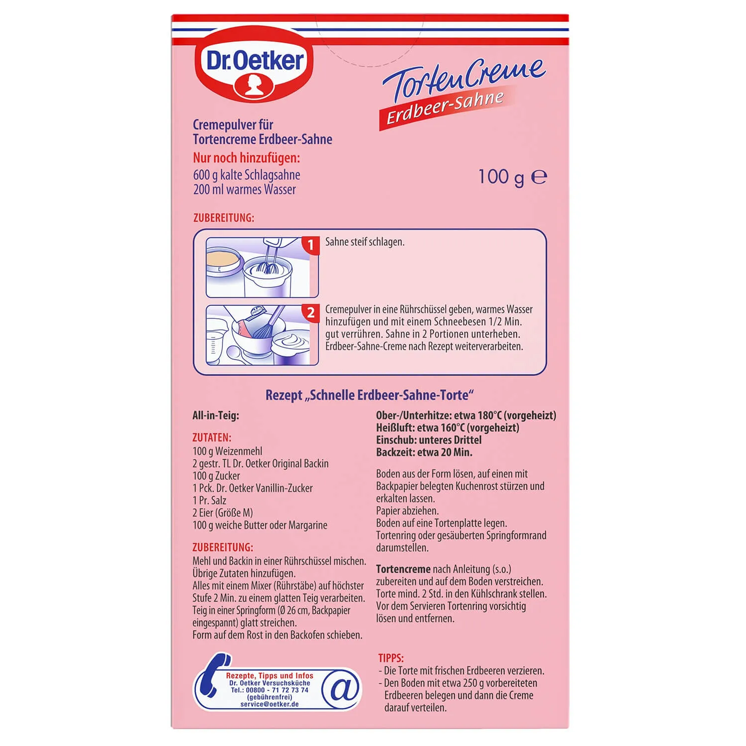 Verpackung der Dr. Oetker Erdbeer-Sahne Tortencreme mit Zubereitungsanleitung