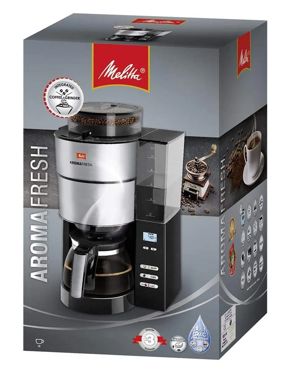 Verpackung der Melitta Aromafresh Kaffeemaschine mit Produktinformationen
